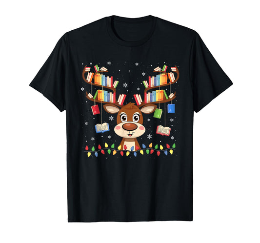 Christmas Librarian Reindeer Matching Family Book Lover Xmas T-Shirt