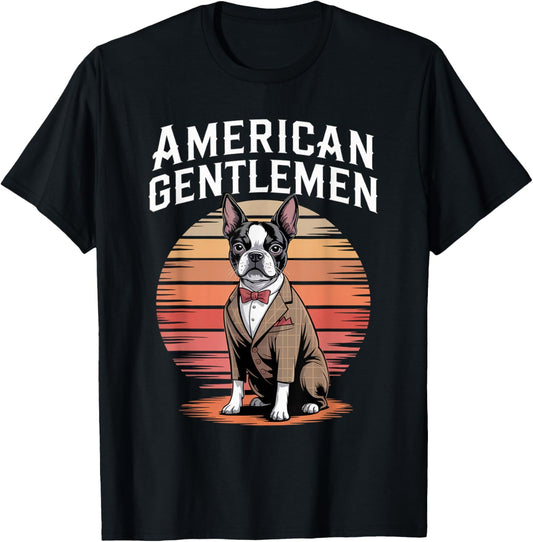 American Gentleman Boston Terrier Sunset Vintage Suit Dog T-Shirt