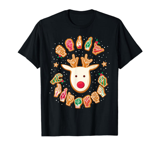 Gingerbread ASL Deaf Signing ASL Christmas T-Shirt - Unisex-Adults, Unisex-Kids - Black - Small - Short Sleeve - Modern Festive Casual - Reindeer, Gingerbread Hands - Christmas