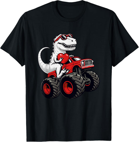 Valentines Day T Rex Riding Monster Truck Funny Toddler Boys T-Shirt