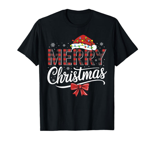 Merry Christmas Buffalo Plaid Red Santa Hat Xmas Pajamas T-Shirt