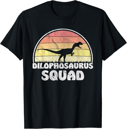 Dilophosaurus Squad - Retro Sunset Dinosaur T-Shirt