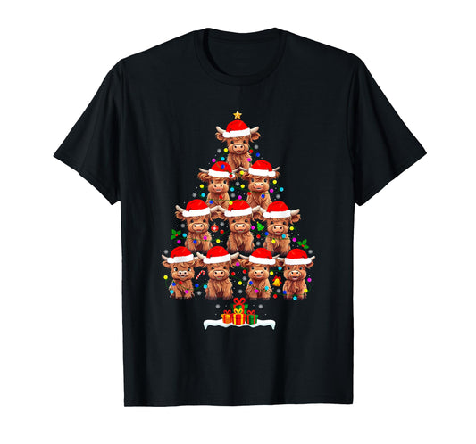 Scottish Highland Cow Christmas Tree Lights Xmas Pajamas T-Shirt