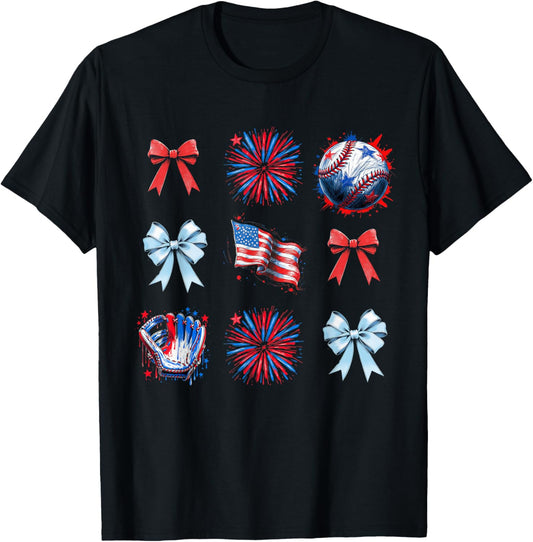 Red White and Blue 4th of july coquette Baseball Bow girls T-Shirt