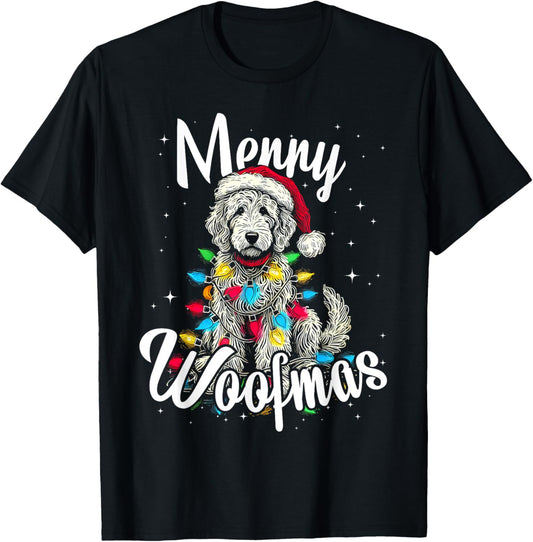 Labradoodle Golden Doodle Dog Merry Woofmas Christmas Lights T-Shirt