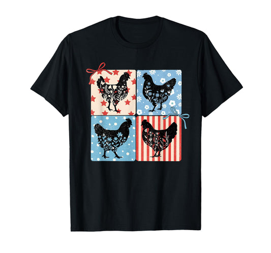 Happy 4th Of July Floral Chicken Flowers Patriotic USA Flag T-Shirt