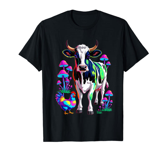 Psychedelic Cow Chicken Mushrooms Farm Animal Art T-Shirt