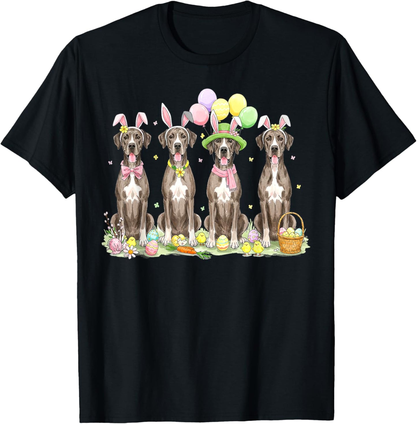 Great Dane Dogs With Bunny Ears Egg Basket Easter Day T-Shirt