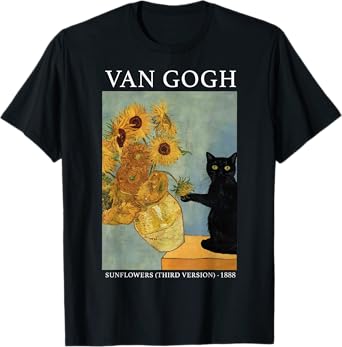 Van Gogh Black Cat With Sunflowers Funny Cat T-Shirt for Men Women