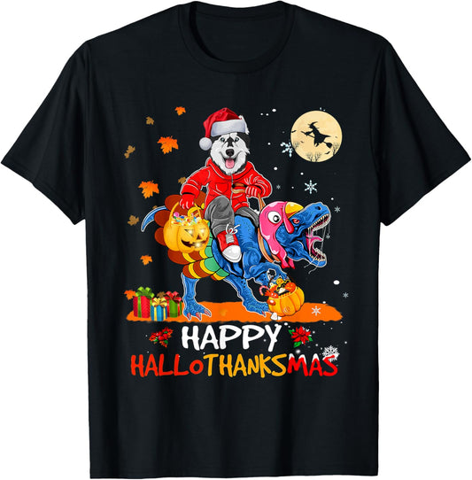 Husky Happy Hallothanksmas Halloween Thanksgiving Xmas T-Shirt