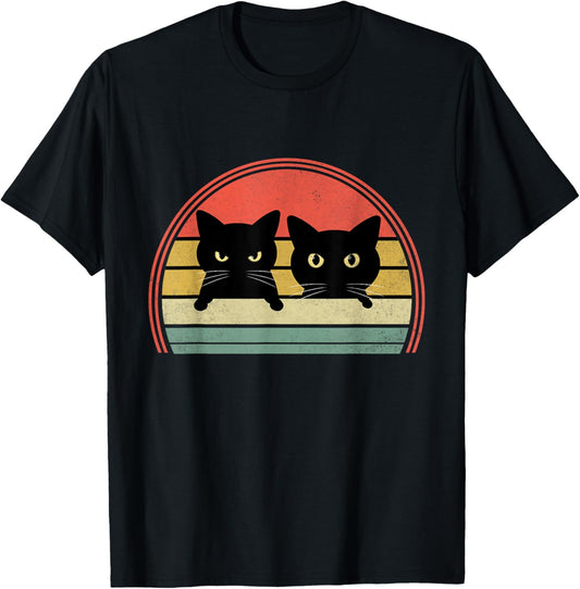 2 Black Cats Peeking Vintage Retro Cat Animal Lover T-Shirt