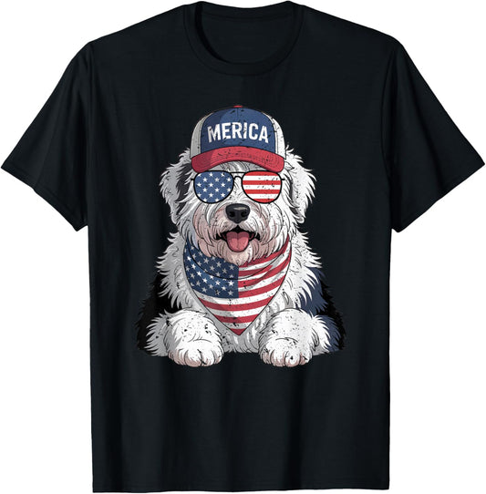 Old English Sheepdog 4th of July US American Flag Patriotic T-Shirt