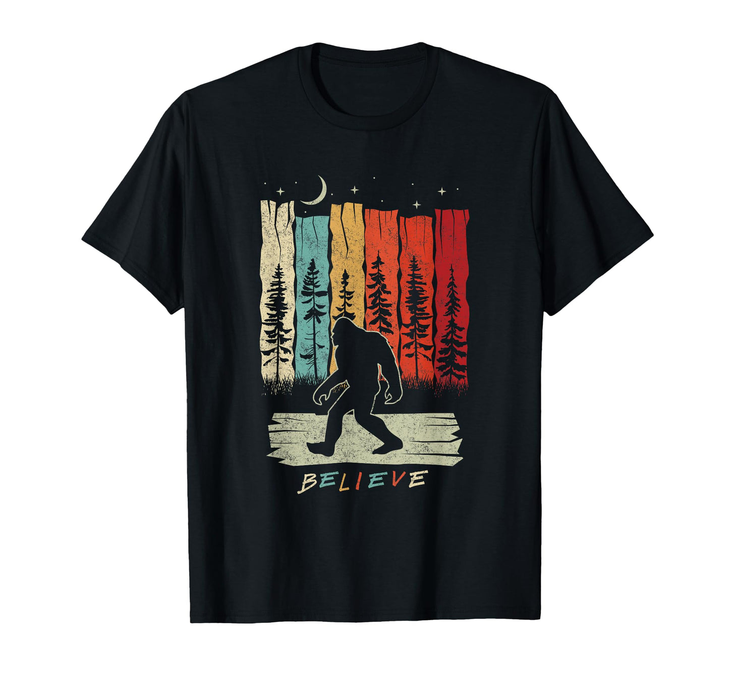 Bigfoot Night Moon Shirt Believe Sasquatch Retro Men Kids T-Shirt
