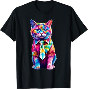 Colorful Rainbow Cat in Tie Dye Cute Funny Cat Lover T-Shirt for Men Women Girls Kids