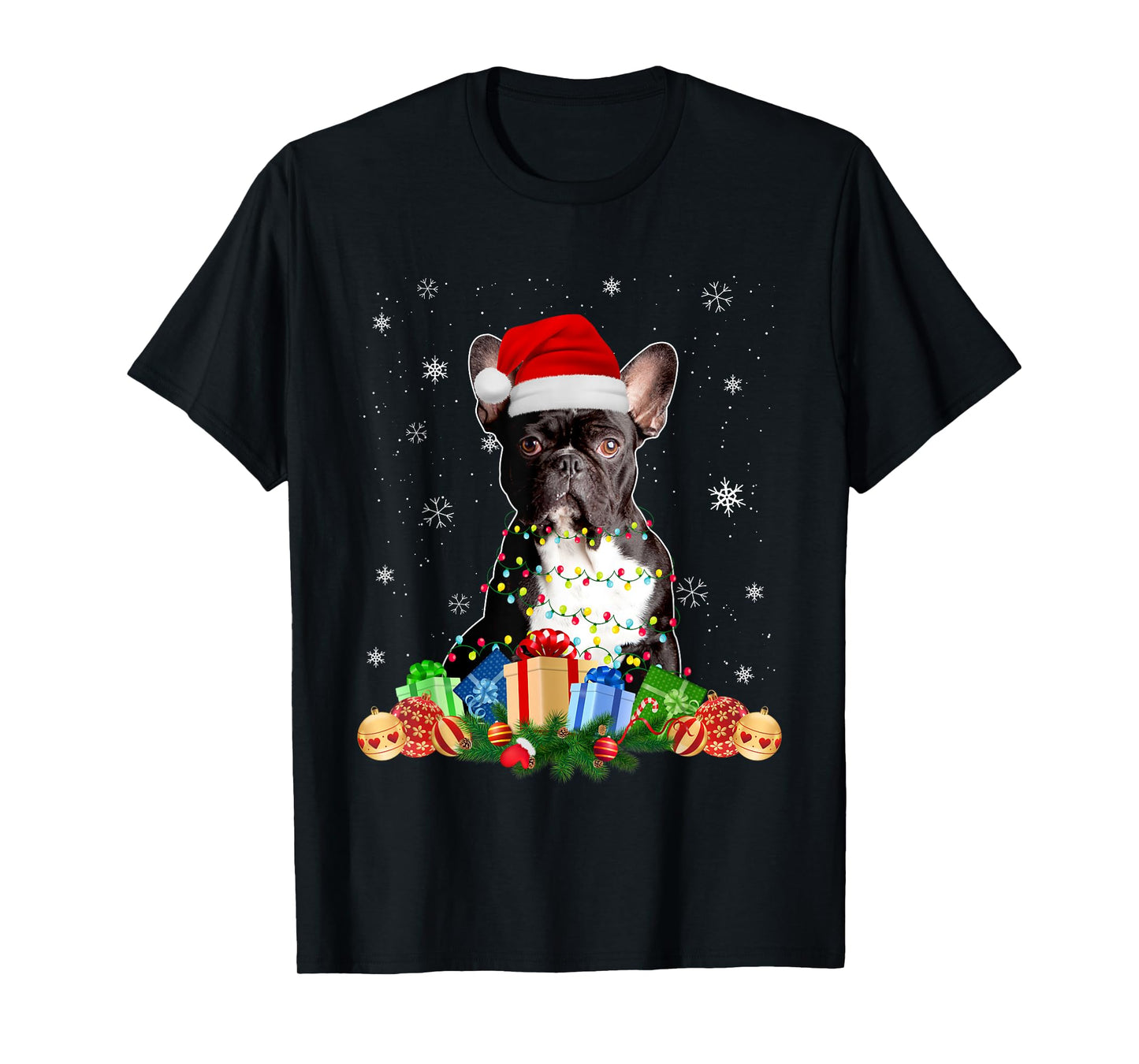 French Bulldog Dog Christmas Lights Santa Puppy Dog Lover Men Women Kids T-Shirt
