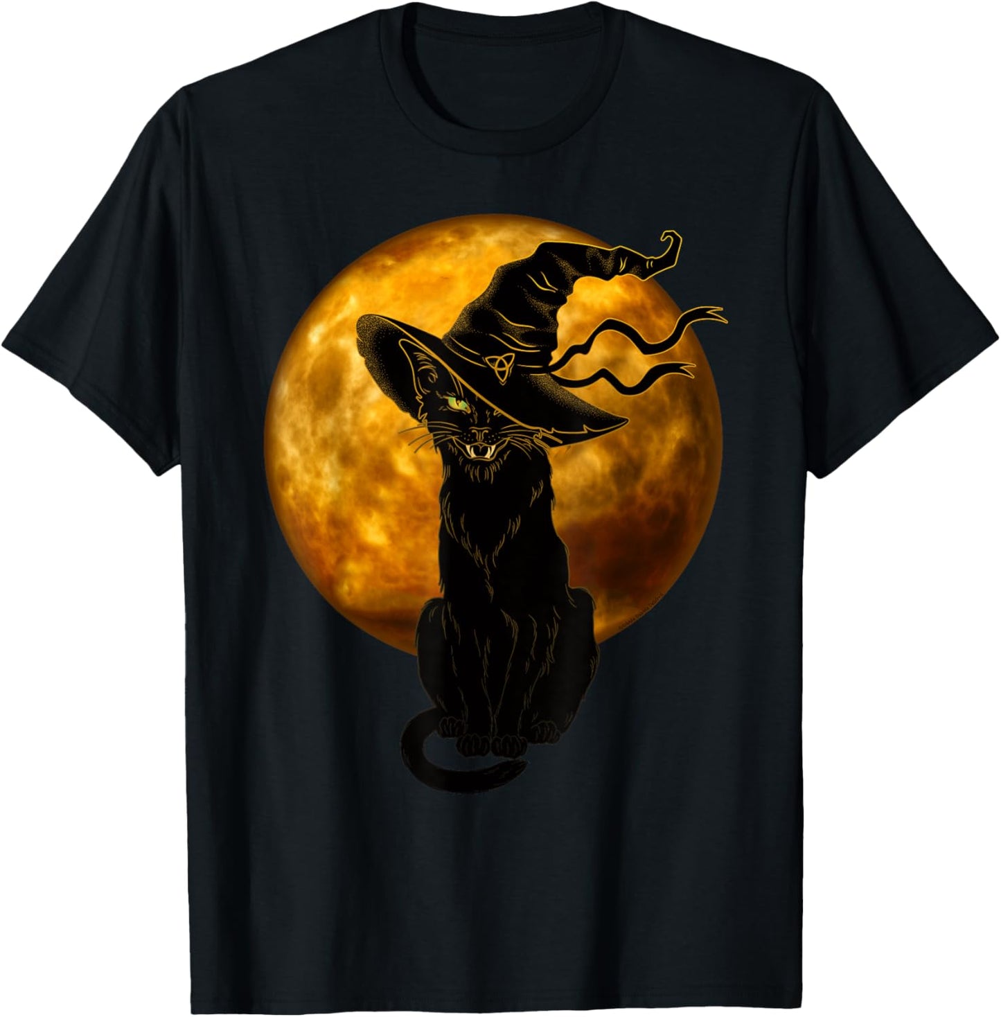 Scary Vintage Black Cat with Witch Hat Full Moon - Halloween T-Shirt