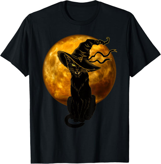 Scary Vintage Black Cat with Witch Hat Full Moon - Halloween T-Shirt