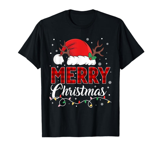 Merry Christmas Lights Red Santa Hat Xmas Family Men Women T-Shirt