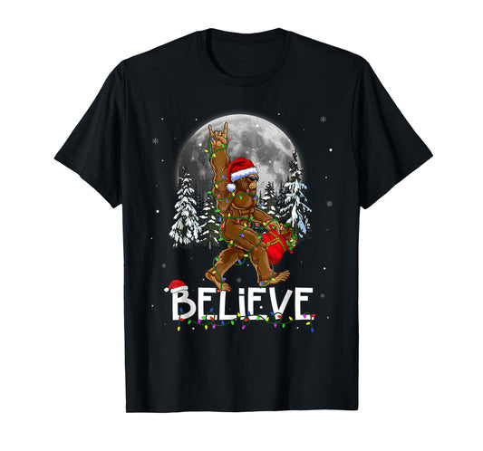 Santa Bigfoot Christmas Lights Funny Sasquatch Believe Xmas T-Shirt