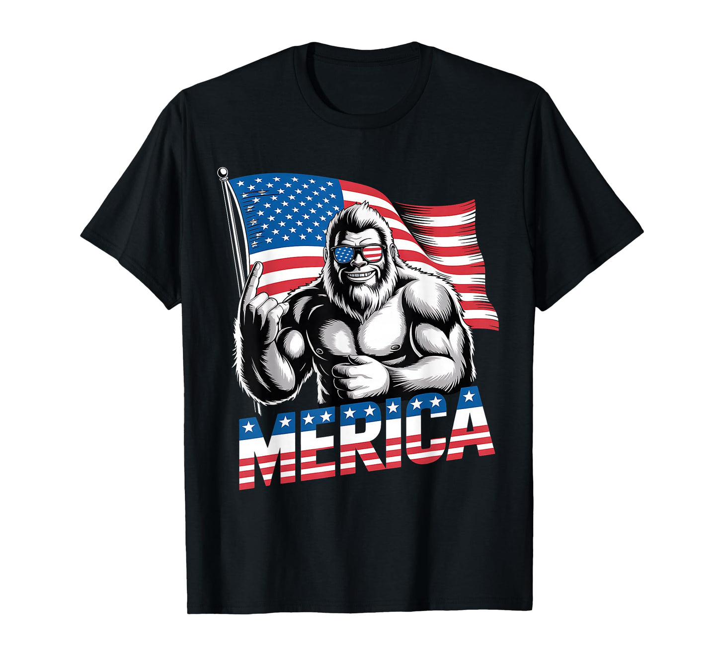 Bigfoot Merica Rock 4th of July Funny Patriotic USA Flag T-Shirt