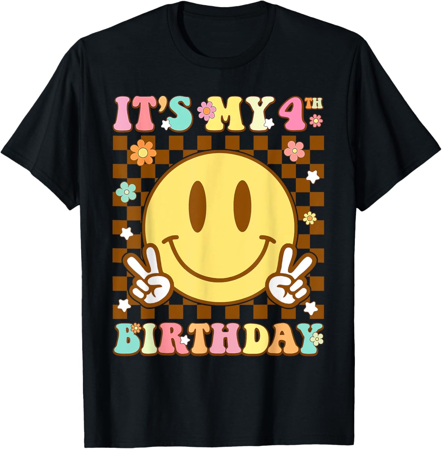 Groovy Smile Face It's My 4th Birthday Happy 4 Year T-Shirt