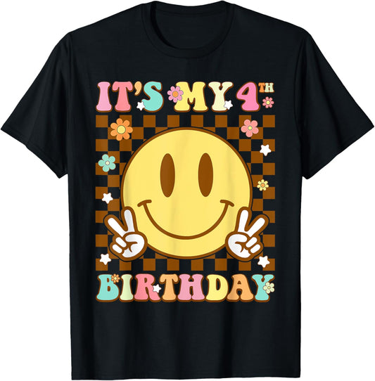 Groovy Smile Face It's My 4th Birthday Happy 4 Year T-Shirt