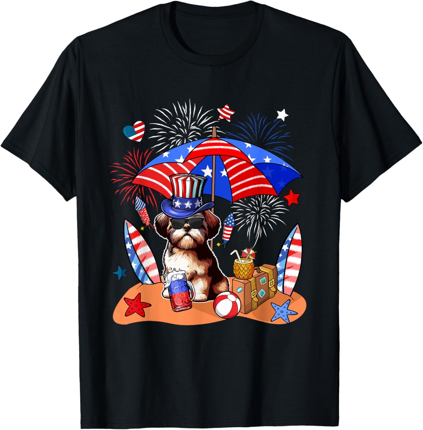 Shih Tzu Sunglasses Relaxing On Beach 4th Of July US Flag T-Shirt