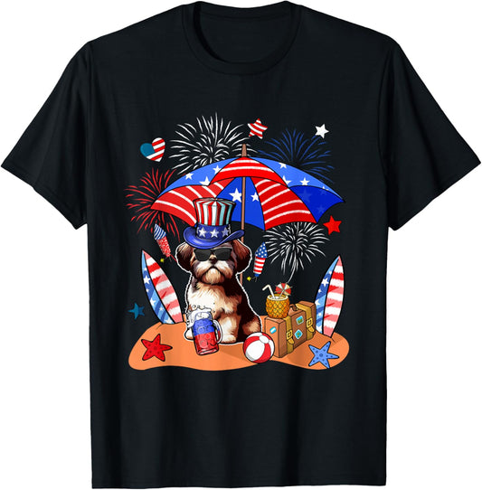 Shih Tzu Sunglasses Relaxing On Beach 4th Of July US Flag T-Shirt