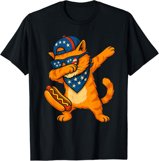 Cat 4th Of July Hotdog Patriotic Dabbing Cat American Flag T-Shirt