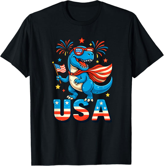 Dinosaur 4th July USA Toddler Boy Dino American Flag Patriot T-Shirt