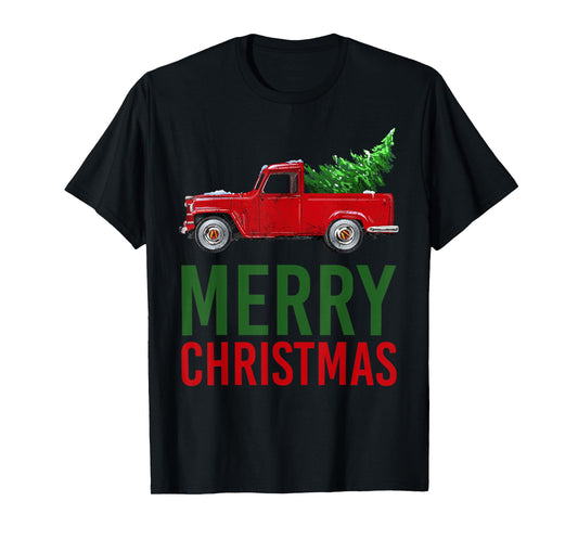 Red Vintage Wagon Tree Vacation Gift Red Truck Christmas T-Shirt