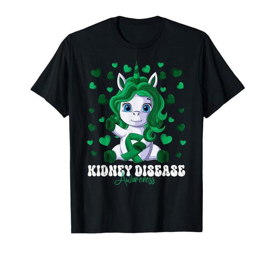 Kidney Disease Awareness Month Green Ribbon Unicorn T-Shirt