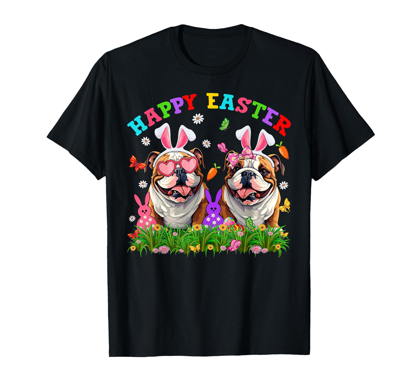 Cute English Bulldog Dog & Bunny Ears Eggs Happy Easter Day T-Shirt for Men Women Girls Kids