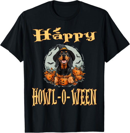 Black And Tan Coonhound Dog Whitch Hat Halloween Pumpkin T-Shirt