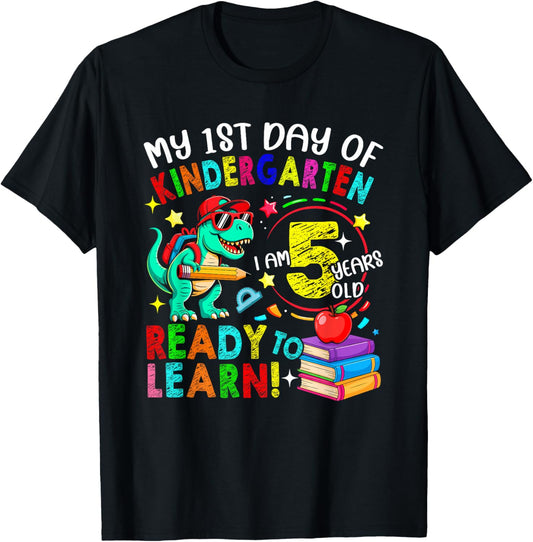 1st Day Of Kindergarten 5 Years Old T-rex Back To School T-Shirt