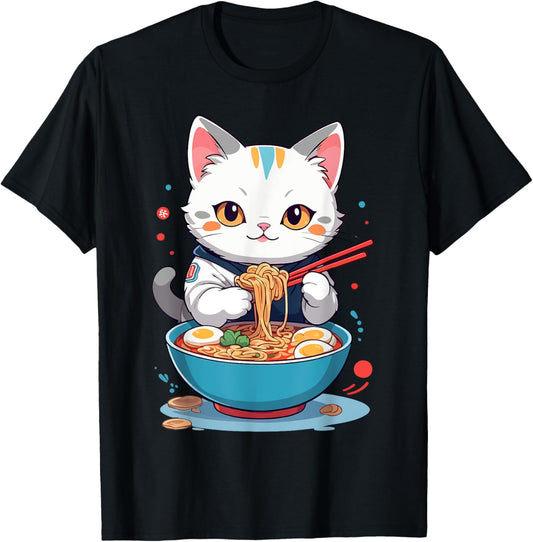 Cat Savoring Ramen Funny Pet Animals and Food Lover Design T-Shirt