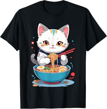 Cat Savoring Ramen Funny Pet Animals and Food Lover Design T-Shirt