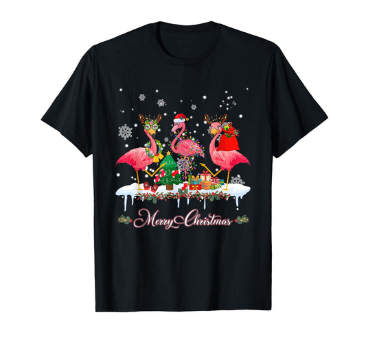 Merry Christmas Hat Santa Flamingo Light Christmas Snow T-Shirt