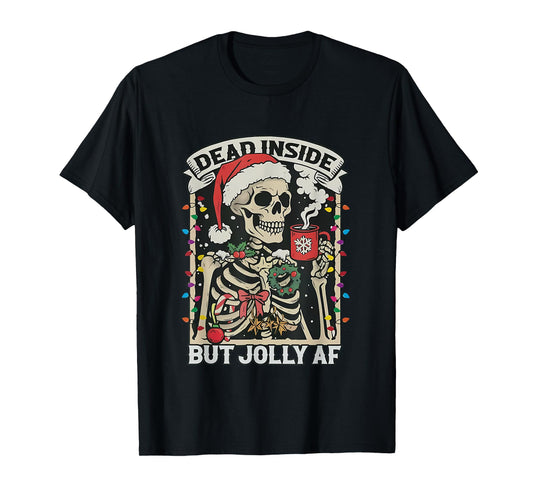 Dead Inside But Jolly AF Funny Skeleton Lights Christmas T-Shirt