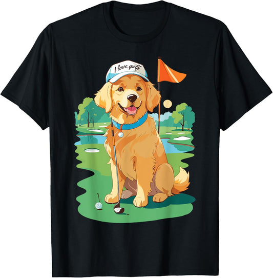 I Love Golf Golf Dog Illustration Golden Retriever T-Shirt