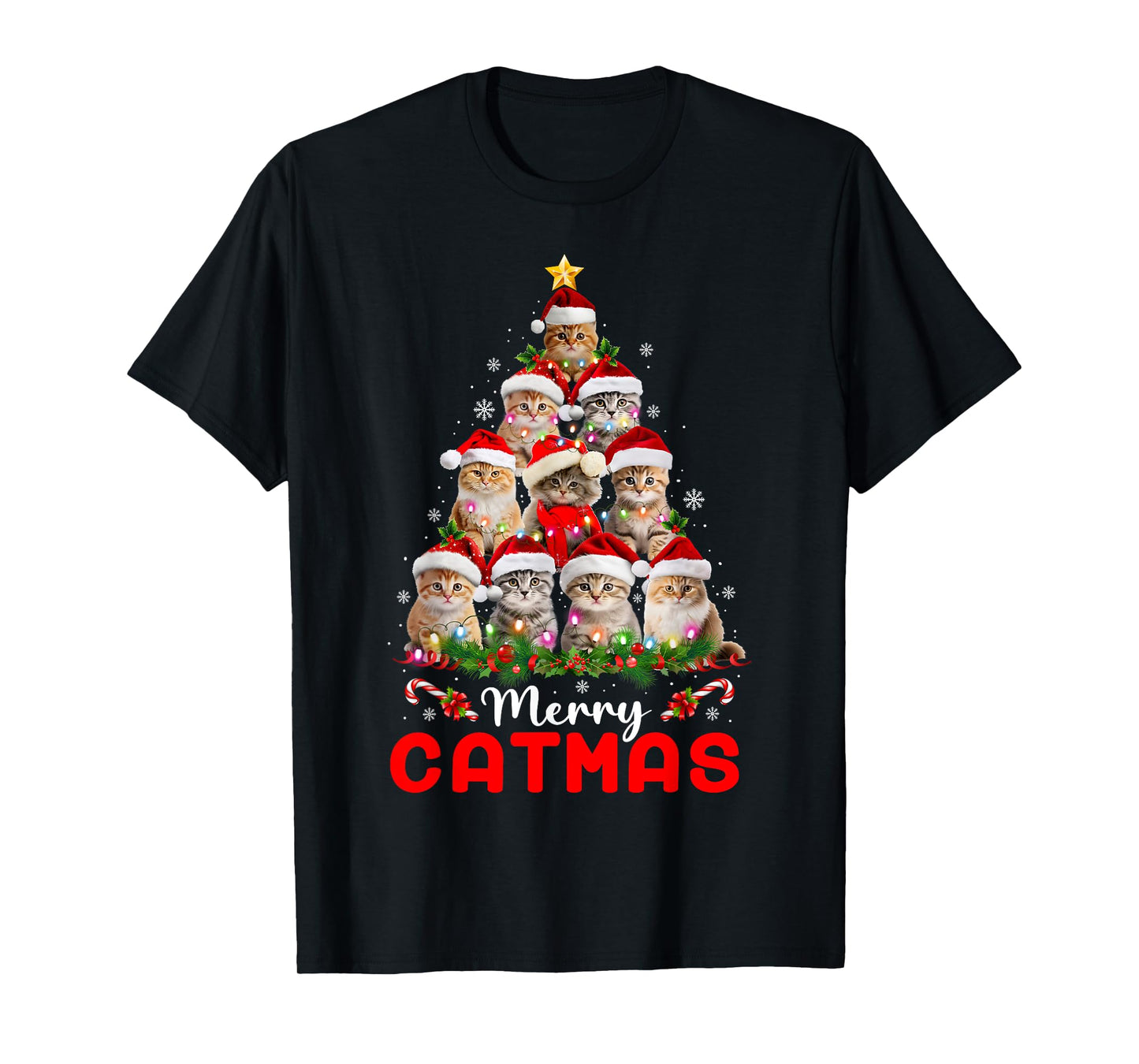 Meowy Catmas Cat Christmas Tree Lights Funny Xmas Pajamas T-Shirt