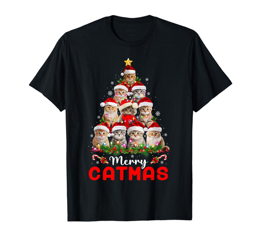 Meowy Catmas Cat Christmas Tree Lights Funny Xmas Pajamas T-Shirt