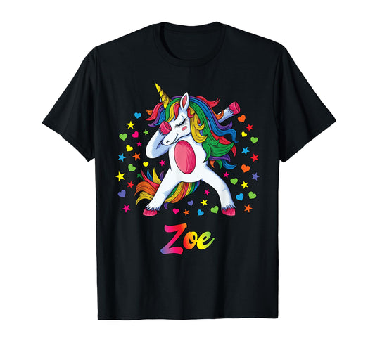 Zoe Dabbing Unicorn Rainbow Personalized Name Custom T-Shirt