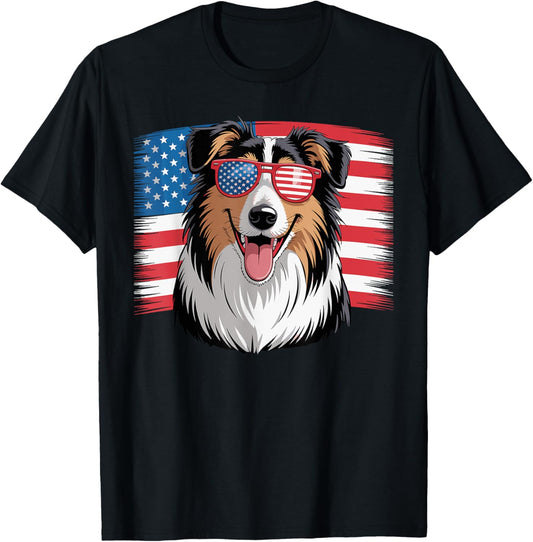 USA America Flag Rough Collie Dog 4th of July Patriotic T-Shirt