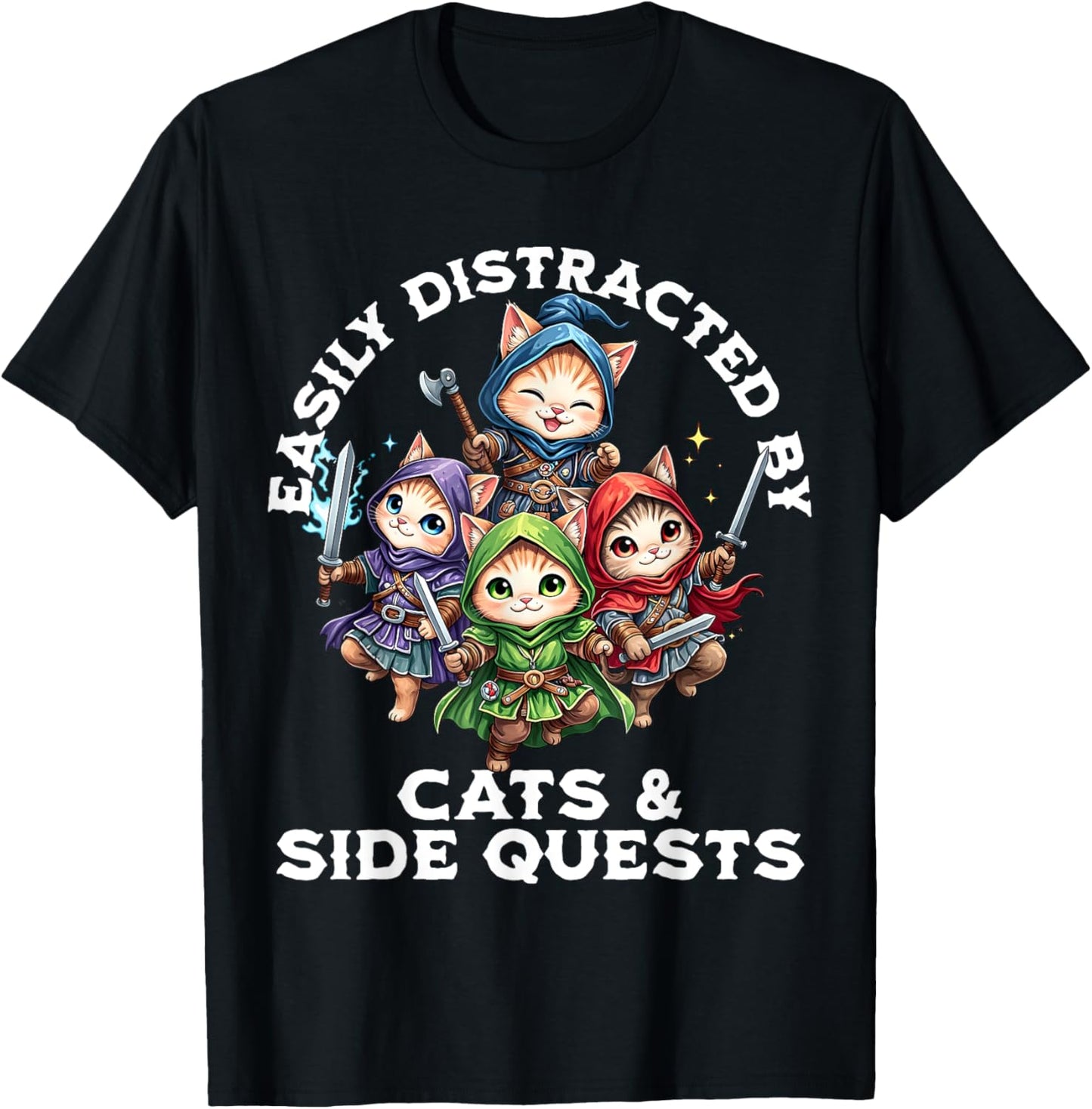 Easily Distracted by Cats and Side Quests Funny Gamer Cat T-Shirt