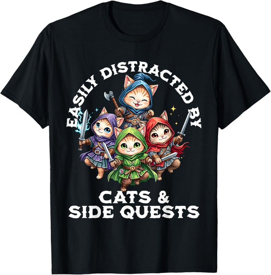 Easily Distracted by Cats and Side Quests Funny Gamer Cat T-Shirt