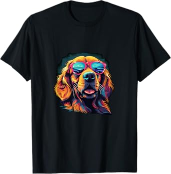 Vibrant Golden Retriever Wearing Sunglasses Black Light Art T-Shirt