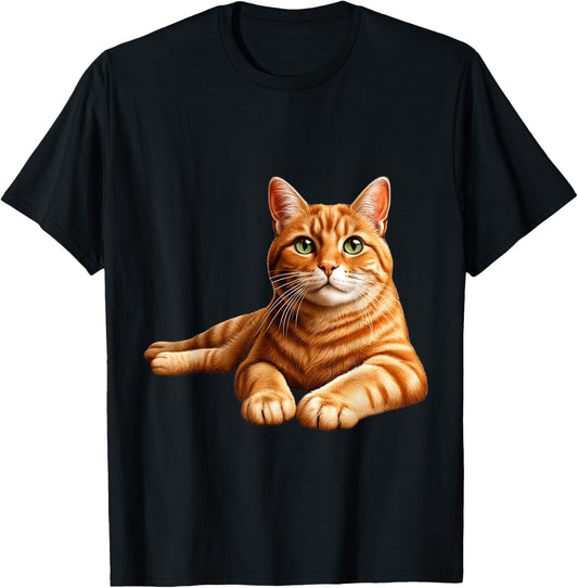 Realistic Orange Tabby Cat Cute Pet Portrait Unisex-Adults T-Shirt, Black, Small, Short Sleeve