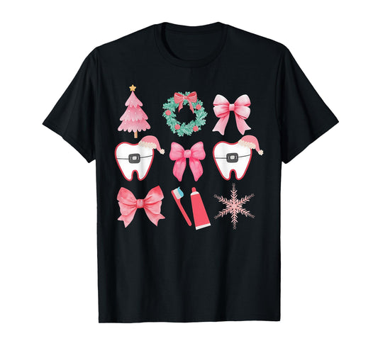 Christmas Coquette Bow Orthodontic Dental Dental Crew T-Shirt