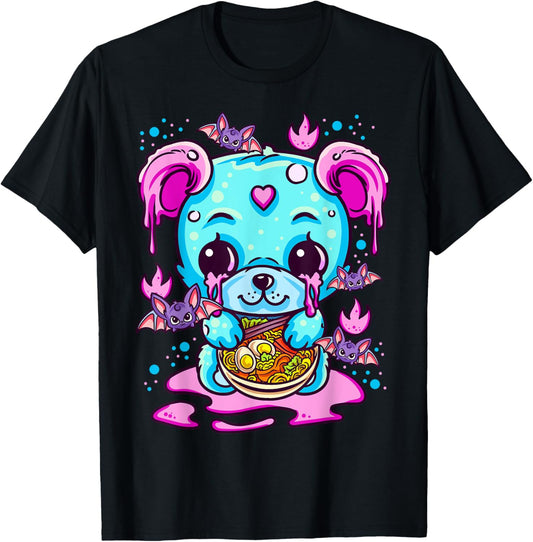 Cute Kawaii Creepy Pastel Goth Puppy Eating Ramen Noodles T-Shirt